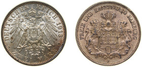 Germany Free Hanseatic city of Hamburg Second Empire 1913 J 2 Mark Silver (.900) Hamburg Mint (105325) 11.111g UNC KM 612 AKS 48 J 63
