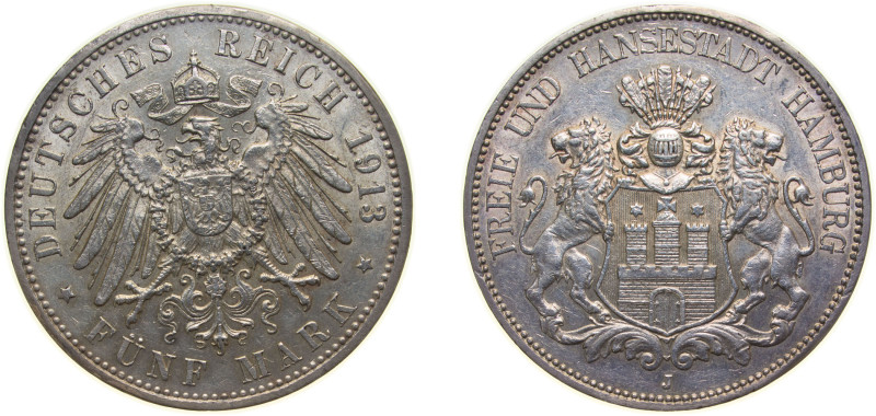 Germany Free Hanseatic city of Hamburg Second Empire 1913 J 5 Mark Silver (.900)...