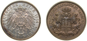 Germany Free Hanseatic city of Hamburg Second Empire 1914 J 2 Mark Silver (.900) Hamburg Mint (327758) 11.111g UNC KM 612 AKS 48 J 63