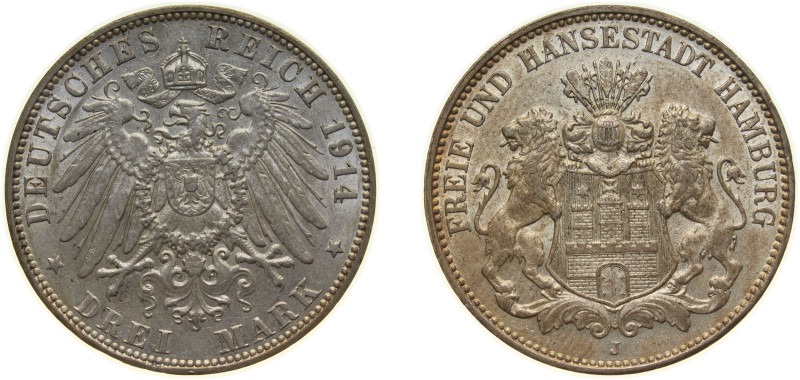 Germany Free Hanseatic city of Hamburg Second Empire 1914 J 3 Mark Silver (.900)...