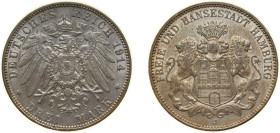 Germany Free Hanseatic city of Hamburg Second Empire 1914 J 3 Mark Silver (.900) Hamburg Mint (575111) 16.67g AU KM 620 J 64