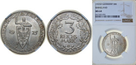 Germany Germany - 1871-1948 Weimar Republic 1925 D 3 Reichsmark (Rhineland) Silver (.500) Munich Mint (1122520) 15g NGC MS 64 KM 46 AKS 73 J 321