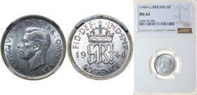 Great Britain United Kingdom 1944 6 Pence - George VI (1st coinage) Silver (.500) Royal Mint (Tower Hill) (37952600) 2.83g NGC MS 62 KM 852 Sp 4084