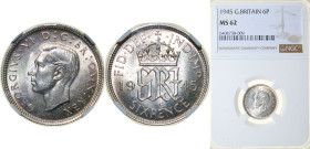 Great Britain United Kingdom 1945 6 Pence - George VI (1st coinage) Silver (.500) Royal Mint (Tower Hill) (39939200) 2.83g NGC MS 62 KM 852 Sp 4084