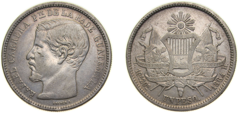 Guatemala Republic 1864 1 Peso - Rafael Carrera Silver (.903) (Copper .097) Guat...