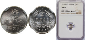 Guatemala Republic 1897 ¼ Real Silver (.835) (Copper .165) Guatemala City Mint (988800) 0.79g NGC MS 67 KM 162