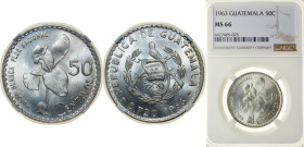 Guatemala Republic 1963 50 Centavos Silver (.720) (Copper .280) Guatemala City Mint (350200) 11.94g NGC MS 66 KM 264 Schön 49