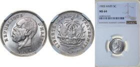 Haiti First Republic 1905 5 Centimes Copper-nickel (75% Copper, 25% Nickel) Scovill Manufacturing Company Mint (20000000) 2.6g NGC MS 64 KM 53 Schön 2...