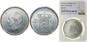 Indonesia Netherlands East Indies Dutch colony 1943 D 2½ Gulden - Wilhelmina Silver (.720) (Copper .280) Denver Mint (2000000) 25g NGC MS 65 KM 331