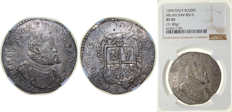 Italy Duchy of Milan Italian states 1594 1 Scudo/Ducatone - Felipe II Silver Mil...
