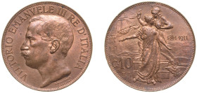 Italy Kingdom 1911 R 10 Centesimi - Vittorio Emanuele III (Kingdom Anniversary) Copper Rome Mint (2000000) 10g UNC KM 51