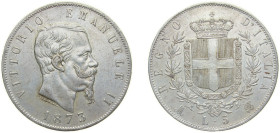 Italy Kingdom 1873 M BN 5 Lire - Victor Emmanuel II Silver (.900) Milan Mint (8438247) 25g AU KM 8