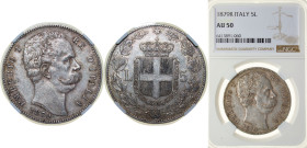 Italy Kingdom 1879 R 5 Lire - Umberto I Silver (.900) Rome Mint (4000000) 25g NGC AU 50 KM 20