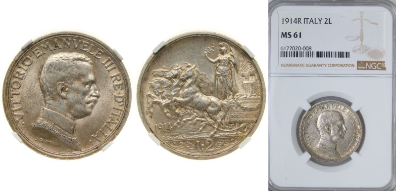 Italy Kingdom 1914 R 2 Lire - Vittorio Emanuele III Silver (.835) Rome Mint (103...