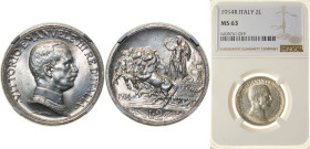 Italy Kingdom 1914 R 2 Lire - Vittorio Emanuele III Silver (.835) Rome Mint (10390007) 10g NGC MS 63 KM 55