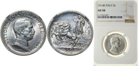 Italy Kingdom 1914 R 2 Lire - Vittorio Emanuele III Silver (.835) Rome Mint (10390007) 10g NGC AU 58 KM 55