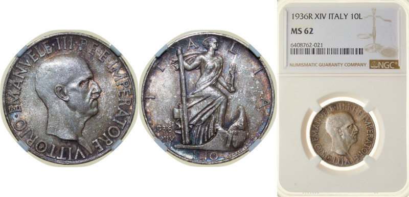 Italy Kingdom 1936 R 10 Lire - Vittorio Emanuele III Silver (.835) Rome Mint (61...