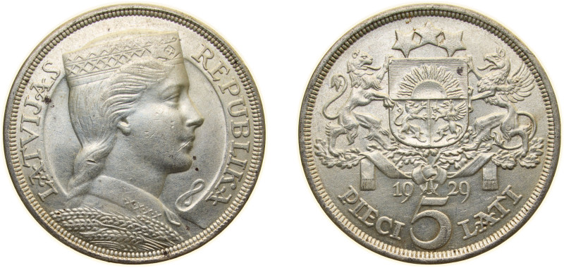 Latvia Republic 1929 5 Lati Silver (.835) Royal Mint (Tower Hill) (1000000) 25g ...
