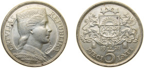Latvia Republic 1929 5 Lati Silver (.835) Royal Mint (Tower Hill) (1000000) 25g AU KM 9 Schön 9