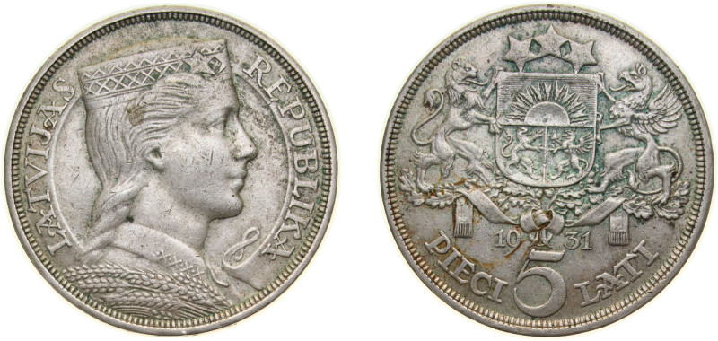 Latvia Republic 1931 5 Lati Silver (.835) Royal Mint (Tower Hill) (2000000) 25g ...