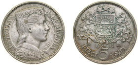Latvia Republic 1931 5 Lati Silver (.835) Royal Mint (Tower Hill) (2000000) 25g XF KM 9 Schön 9