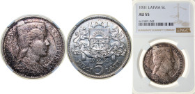 Latvia Republic 1931 5 Lati Silver (.835) Royal Mint (Tower Hill) (2000000) 25g NGC AU 55 KM 9 Schön 9