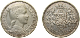 Latvia Republic 1932 5 Lati Silver (.835) Royal Mint (Tower Hill) (600000) 25g AU KM 9 Schön 9