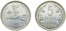 Lithuania Republic 1925 5 Litai Silver (.500) Royal Mint (Tower Hill) (1000000) 13.5g XF KM 78