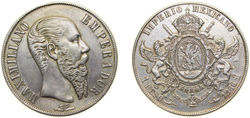 Mexico Second Empire 1866 Mo 1 Peso - Maximiliano I Silver (.903) Mexico City Mi...