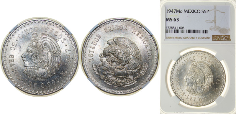 Mexico United Mexican States 1947 Mo 5 Pesos Silver (.900) Mexico City Mint (511...