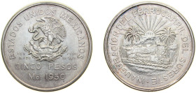 Mexico United Mexican States 1950 Mo 5 Pesos (Southeastern Railroad) Silver (.720) (Copper .280) Mexico City Mint (200000) 27.78g UNC KM 466