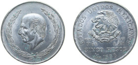 Mexico United Mexican States 1953 Mo 5 Pesos Silver (.720) (Copper .280) Mexico City Mint (20376000) 27.78g UNC KM 467
