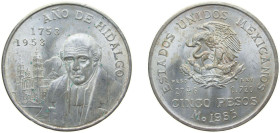 Mexico United Mexican States 1953 Mo 5 Pesos (Bicentennial of Hidalgo's Birth) Silver (.720) (Copper .280) Mexico City Mint (1000000) 27.778g UNC KM 4...