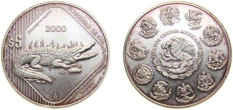 Mexico United Mexican States 2000 Mo 5 Pesos (Cocodrilo de Rio) Silver (.999) Me...