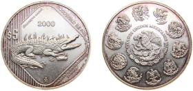 Mexico United Mexican States 2000 Mo 5 Pesos (Cocodrilo de Rio) Silver (.999) Mexico City Mint (30000) 31.1g BU KM 655