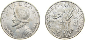Panama Republic 1947 1 Balboa Silver (.900) (Copper .100) Philadelphia Mint (500000) 26.73g AU KM 13