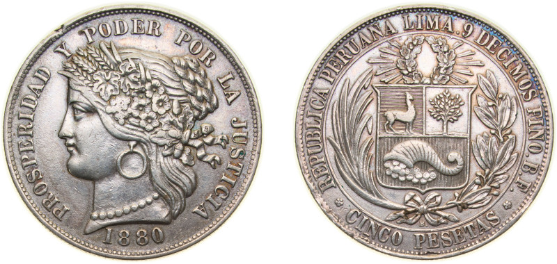 Peru Republic 1880 BF 5 Pesetas Silver (.900) 25g XF KM 201