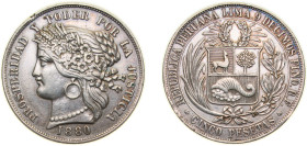 Peru Republic 1880 BF 5 Pesetas Silver (.900) 25g XF KM 201