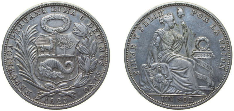 Peru Republic 1923 1 Sol Silver (.500) (Copper .400, Nickel .100) Philadelphia M...