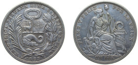 Peru Republic 1923 1 Sol Silver (.500) (Copper .400, Nickel .100) Philadelphia Mint (2369000) 25g XF KM 218.1