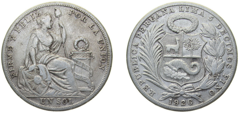 Peru Republic 1926 1 Sol Silver (.500) (Copper .400, Nickel .100) Philadelphia M...