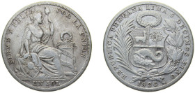 Peru Republic 1926 1 Sol Silver (.500) (Copper .400, Nickel .100) Philadelphia Mint (2157000) 25g VF KM 218.1