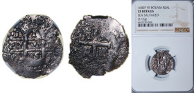Peru Spanish colony 1685 L R 1 Real - Carlos II Obverse : Clear Mintmark "L" at top left and Clear Mint Official's Initial "R" at bottom Left, Clear D...