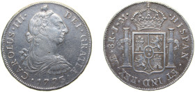 Peru Spanish colony 1773 LIMAE JM 8 Reales - Carlos III (Colonial Milled Coinage) Silver (.903) Lima Mint (4105000) 26.9g XF KM 78