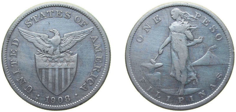Philippines Insular Government 1908 S 1 Peso (Small type) Silver (.800) (Copper ...