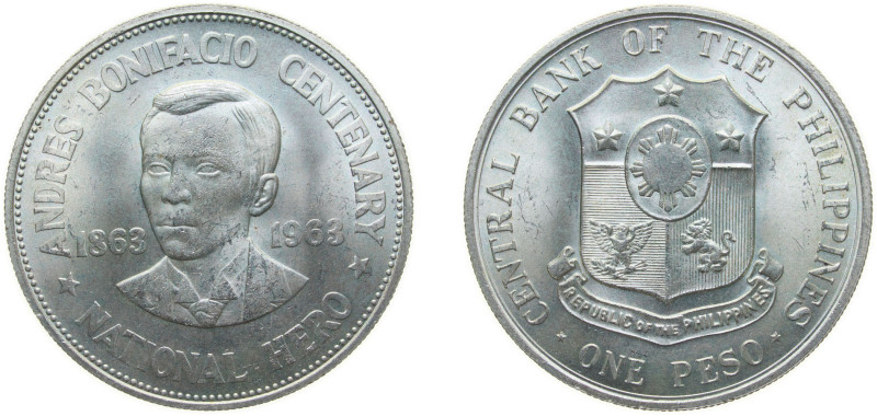 Philippines Republic 1963 1 Peso (Andrés Bonifacio) Silver (.900) (100000) 26g B...