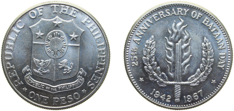 Philippines Republic 1967 1 Peso (Bataan Day) Silver (.900) (Copper .100) San Fr...