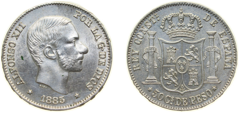 Philippines Spanish colony 1885 50 Centimos - Alfonso XII Silver (.835) Manila M...
