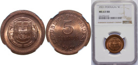 Portugal First Republic 1921 5 Centavos Bronze (5916000) 8g NGC MS 63 RB KM 569