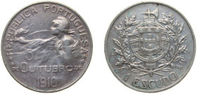 Portugal First Republic ND (1914) 1 Escudo (Establishment of the Republic in 5 October 1910) Silver (.835) (1000000) 25g XF KM 560